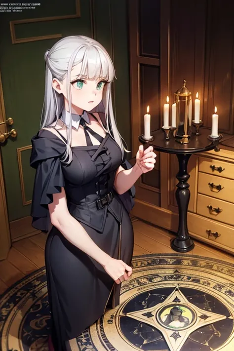 A young silver haired female witch with green eyes and an hourglass figure in a conservative Victorian dress is standing in a summoning circle