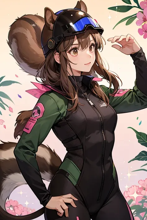 she is a brown squirrel with a brown tail and air helmet.

For clothing, she wears a ninja suit with an air helmet with a pink flower. SPARKLE; GLITTER