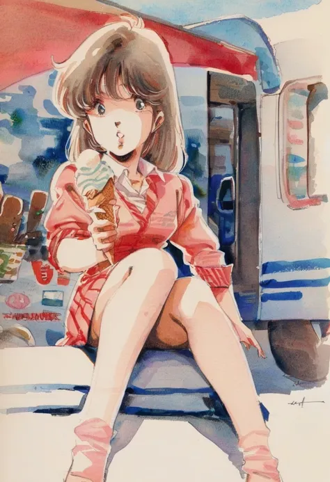 closeup. 1girl,  bored expression, holding ice cream cone, sitting beside an ice cream truck, masterpiece, the best quality, ver...