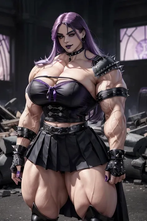 ((((Massive, tall, beautiful, buff, pale white skinned muscular woman with violet purple hair, black lipstick, ginormous bulky muscles, wearing a black gothic blouse with pleated skirt and tie)))), close view, (black lipstick), massive muscle, massive bice...