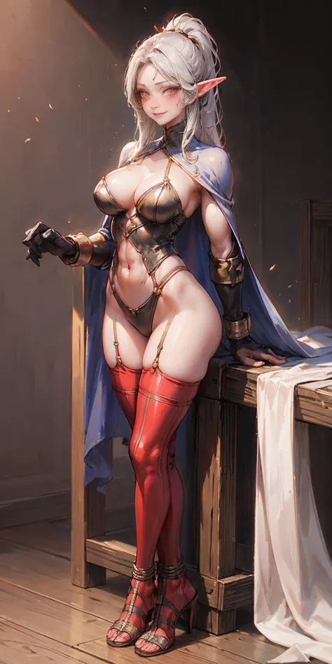 extremely long hair, ponytail, perfect anatomy 1 girl tall solo, slim thick, ((muscular)) high elf toned body, silver breast plate, blue cape, slender abs, hourglass waist, detailed face, defined cheekbones, puffy lips, gauntlets, gold crown, shadow over e...