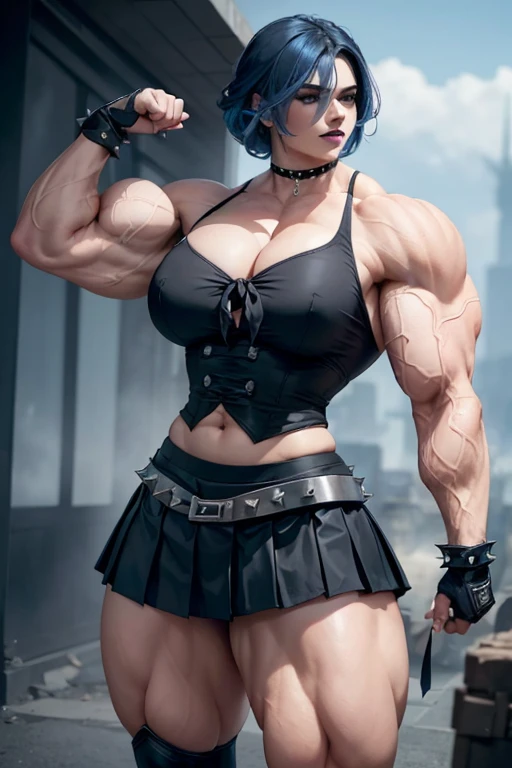 ((((Massive, tall, beautiful, buff, pale white skinned muscular woman with royal blue hair, black lipstick, ginormous bulky muscles, wearing a black gothic blouse with pleated skirt and tie)))), close view, (black lipstick), massive muscle, massive biceps,...