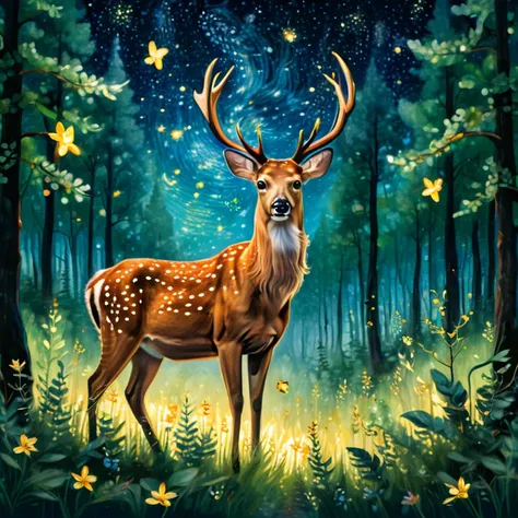 A deer on a starry night in the forest with fireflies