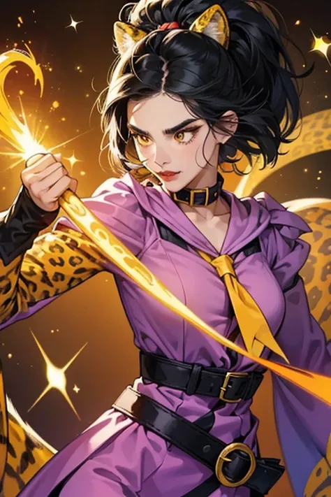 She is a human with black hair and a mustache. She usually covers her face with a yellow catfish mask. She wears a purple costume with an orange leopard print pattern on the collar, belt, and sleeves. She has red lips and does not have any superpowers, but...