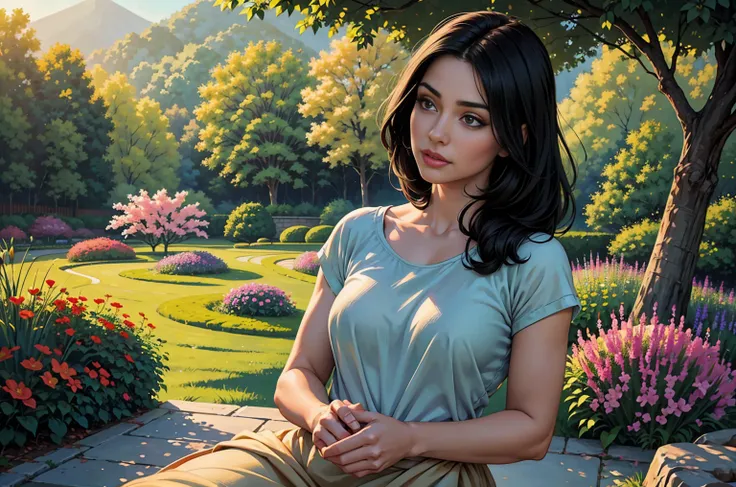 (best quality:1.2, realistic:1.37), extremely detailed eyes, extremely detailed lips, glossy black hair, short hairstyle, simple t-shirt, cozy ambience, soft lighting, tranquil ambiance, full body view, oil painting, delicate brushstrokes, vibrant colors, ...