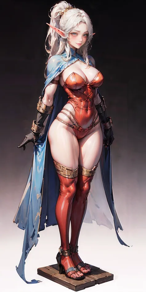 extremely long hair, ponytail, perfect anatomy 1 girl tall solo, slim thick, ((muscular)) high elf toned body, silver breast plate, blue cape, slender abs, hourglass waist, detailed face, defined cheekbones, puffy lips, gauntlets, gold crown, shadow over e...