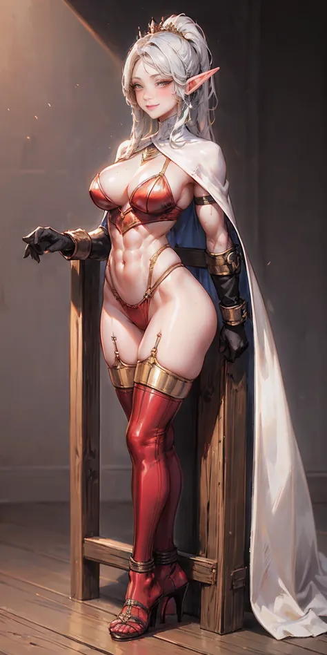 extremely long hair, ponytail, perfect anatomy 1 girl tall solo, slim thick, ((muscular)) high elf toned body, silver breast plate, blue cape, slender abs, hourglass waist, detailed face, defined cheekbones, puffy lips, gauntlets, gold crown, shadow over e...