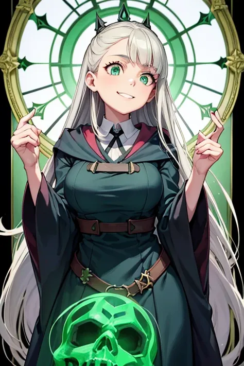 a young silver haired female witch with green eyes and an hourglass figure in a conservative victorian dress is grinning slyly i...