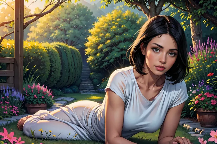 (best quality:1.2, realistic:1.37), extremely detailed eyes, extremely detailed lips, glossy black hair, short hairstyle, simple t-shirt, cozy ambience, soft lighting, tranquil ambiance, full body view, oil painting, delicate brushstrokes, vibrant colors, ...