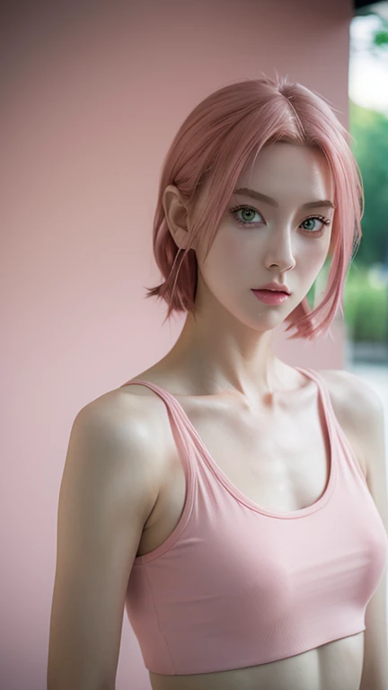 young woman, short shoulder-length pink hair, wide forehead, porcelain skin, pink eyebrows, big emerald green eyes, buttoned nose, full lips, heart-shaped face, slender body, small breasts, red tank top, Sakura Haruno , realistic, realism, details, 3d, wel...