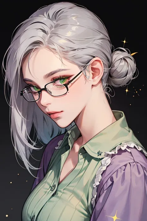 She is an  faded shade of green and wears a lavender shirt. She has gray hair, and has glasses. She also has three moles on the back of her head. She has orange lips and a dead eye, which is shown by its gray color. SPARKLE; GLITTER