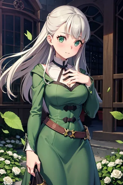 A young silver haired female witch with green eyes and an hourglass figure in a conservative Victorian dress is blushing in a flurry of green rose petals