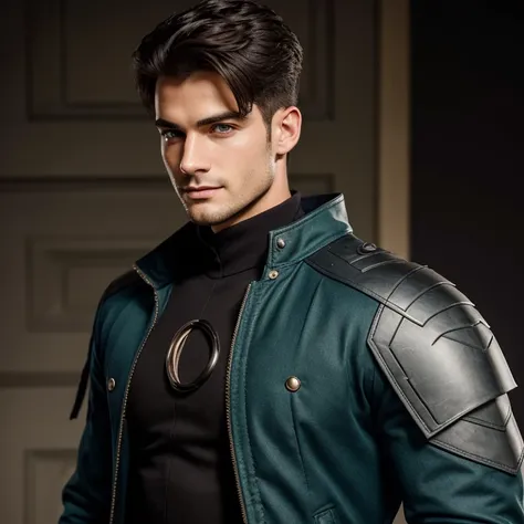 masterpiece, young 25 year old guy, cute with dark hair, Very short haircut. Epicly dressed. Green unrolled jacket with dark gray shoulder pads. Shoulders black. Fighting style. Dark gray armor on shoulders. Cool jacket, durable. Blue eyes. charisma, perfe...