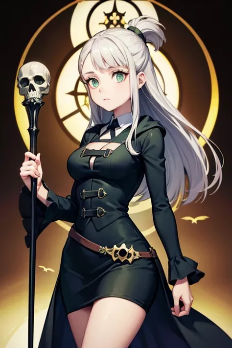 a young silver haired female witch with green eyes and an hourglass figure in a conservative victorian dress is holding a skull ...