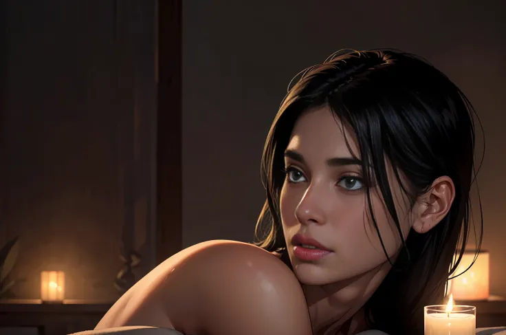 (best quality:1.2,realistic:1.37),(1 girl,40 years old),(detailed eyes),(detailed lips),(black hair),(short),(naked),(cozy ambience),(soft lighting),(tranquil ambiance)