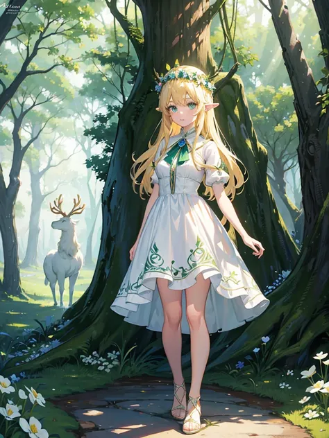 an elf girl, blonde hair, green eyes, a full body, white dress, wear a flower crown, in front of a magical giant blue deer, in the middle of a forest, 