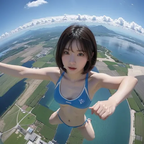 Skydiving at an altitude of 4000 meters、Clear blue sky and clouds、She is a beautiful Japanese woman with medium-long bob hair..、very cute, Spread your arms and legs and enjoy.、Sensual Style、She is wearing a very sexy micro bikini swimsuit...、she is looking...