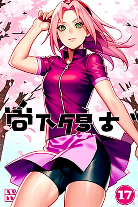 (Cover-style: 1.3)，sakura haruno, naruto shippuuden, Cherry blossoms, Detailed background，1girl, pink hair, green eyes, short hair, long hair, forehead protector, short sleeves, bike shorts, konohagakure symbol