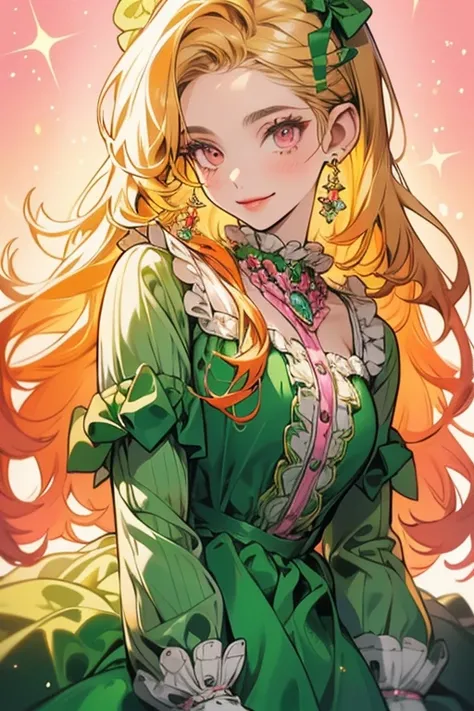 She is wearing a green long-sleeved dress with orange stripes on the sleeves and bottom of the dress, It has an orange frilly collar.. She also has blonde curly hair, eyelash, Pink lipstick.  Shine; glitter