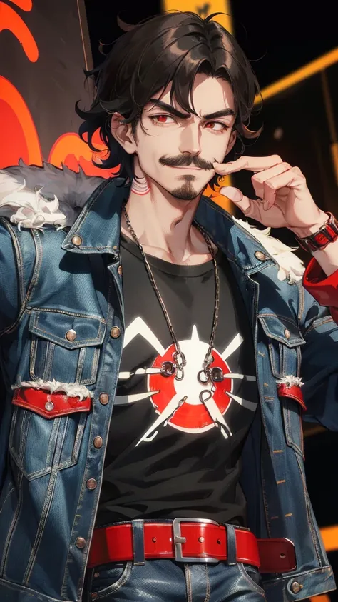 1guy with mustache,with black puffy hair and a street style, wearing a denim jacket poster, red glowing energy around him, smirk...