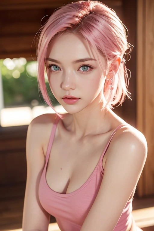 young woman, short shoulder-length pink hair, wide forehead, porcelain skin, pink eyebrows, big emerald green eyes, buttoned nose, full lips, heart-shaped face, slender body, small breasts, red tank top, Sakura Haruno , realistic, realism, details, 3d, wel...