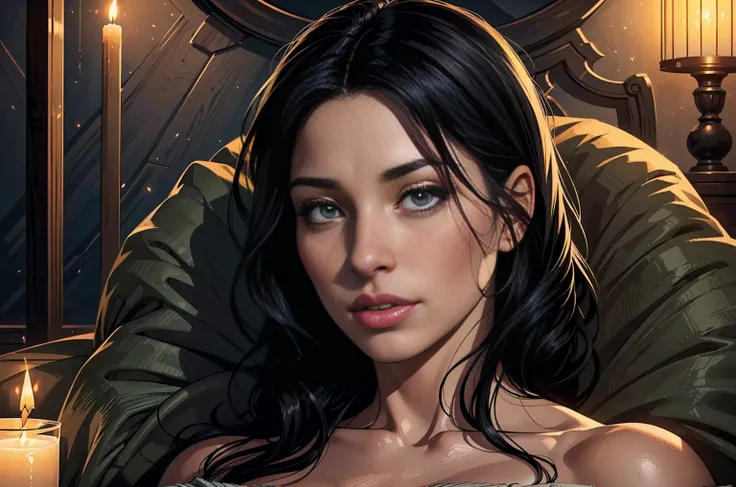 (best quality:1.2,realistic:1.37),(1 girl,40 years old),(detailed eyes),(detailed lips),(black hair),(no clothes),(cozy ambience),(soft lighting),(tranquil ambiance)