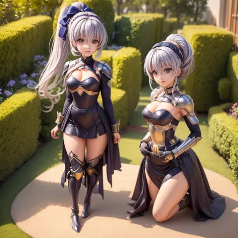 (masterpiece),(best quality),(ultra-detailed), (full body:1.2), cute, cubby, ponytail, full body, chibi,pvc, best quality, 1girl, solo, dark armored dress, dark sword,dark gauntlets, (sitting on carpet), (in garden), hair between eyes, black dress, breastp...