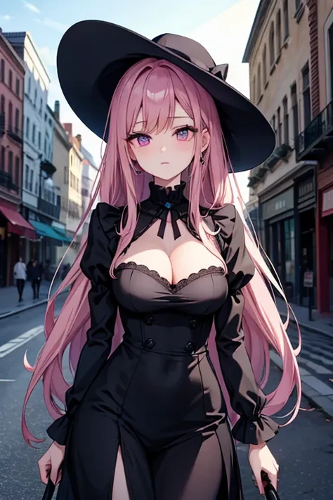 a pink haired woman with violet eyes and an hourglass figure is posing in cool gothic clothes is leaning on her scythe in the busy city street