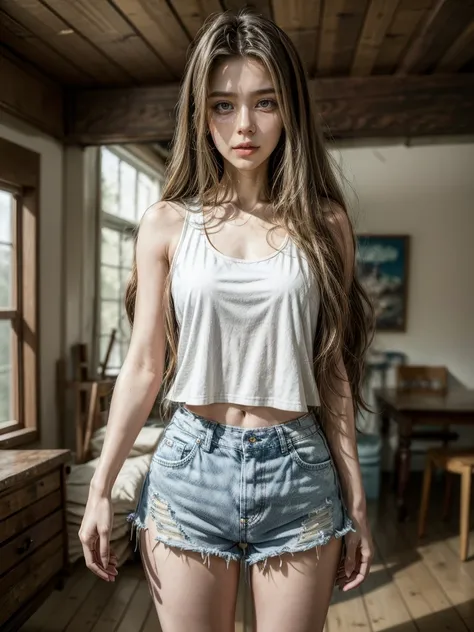 (masterpiece, best quality:1.2), 1girl, solo,standing_split, 
long hair, White sleeveless tank top，blue denim shorts