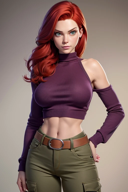 jean grey with a red hair, big green eyes, medium breasts, belt, cotton purple sweater with a large neckline and exposed shoulders, green bra,  low-rise beige cargo pants, covered navel, cropped legs, cotton, front view!, white background, realistic colors...