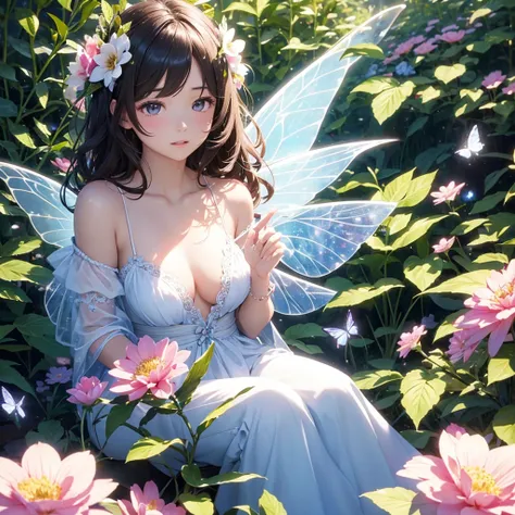 Flower Fairy、Flowers々Surrounded by、About the size of flowers、About the size of butterflies、Beautiful girl with transparent shiny beautiful wings on her back、離陸時にShine鱗が飛ぶ、sitting on flowers、Highly detailed background，Realistic，Ultra-detailed，Highly detaile...