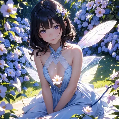 Flower Fairy、Flowers々Surrounded by、About the size of flowers、About the size of butterflies、Beautiful girl with transparent shiny beautiful wings on her back、離陸時にShine鱗が飛ぶ、sitting on flowers、Highly detailed background，Realistic，Ultra-detailed，Highly detaile...