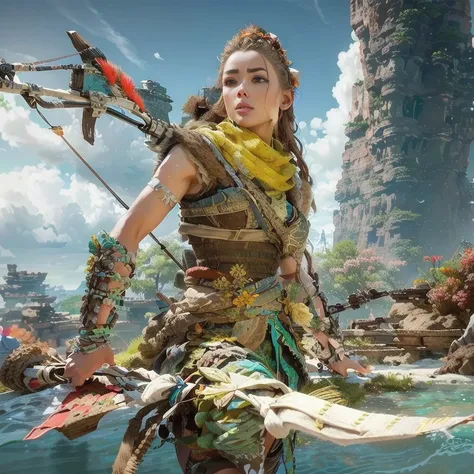 a close up of a woman holding a bow and arrows, aloy, aloy from horizon: zero dawn, aloy from horizon zero dawn, horizon forbidden west, horizon zero dawn 8 k, from horizon: zero down, horizon zero dawn, gameplay of horizon zero dawn, horizon zero dawn aes...