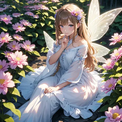 Flower Fairy、Flowers々Surrounded by、About the size of flowers、About the size of butterflies、Beautiful girl with transparent shiny beautiful wings on her back、離陸時にShine鱗が飛ぶ、sitting on flowers、Highly detailed background，Realistic，Ultra-detailed，Highly detaile...