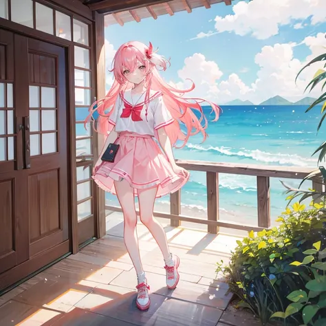 Coral pink hair，Long hair，hair over one eye，Gray eyes，feather hair ornament，cute，Girl，laughing expression，White short sleeve，Shorts skirt，Wear shoes on your feet，Standing on the ground，whole body，Dont show your arms，In the background is a chalet by the sea...