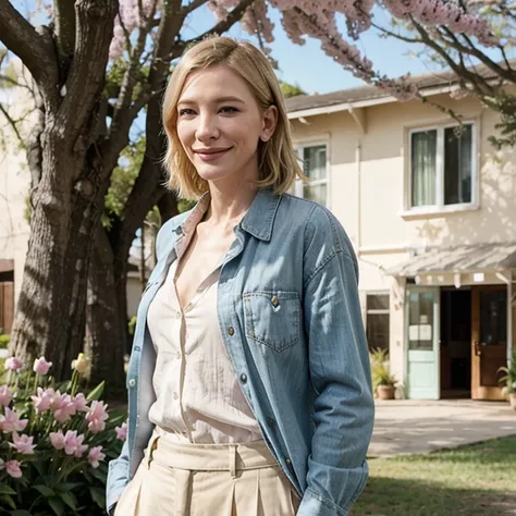 Cate Blanchett dressed in spring clothes smiling