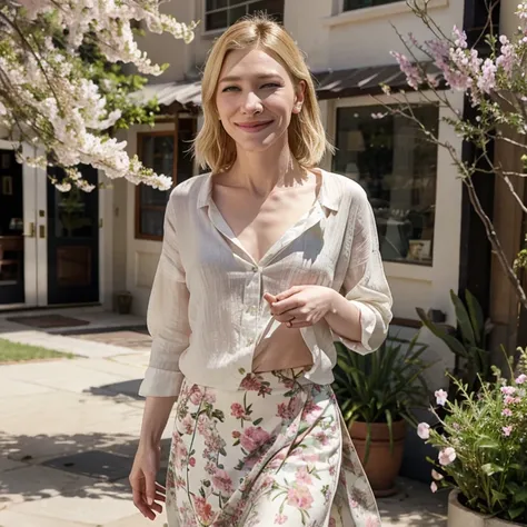 Cate Blanchett dressed in spring clothes smiling