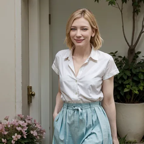 Cate Blanchett dressed in spring clothes smiling