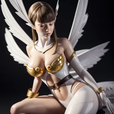 a realistic wax porcelain statue of angewomon sitting on a pedestal looking at distance, very detailed, close up ,very big breast,black background, angelical very sexy pose,