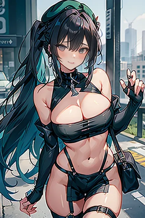 ubel,((ubel of Frieren: Beyond Journeys End )),dark green hair,long hair,side ponytail,hair between eyes,bangs, BREAK (beret, black jacket, open clothes, cleavage, midriff, black shorts, black thighhighs, thigh strap, fingerless gloves, single glove:1.2) ,...