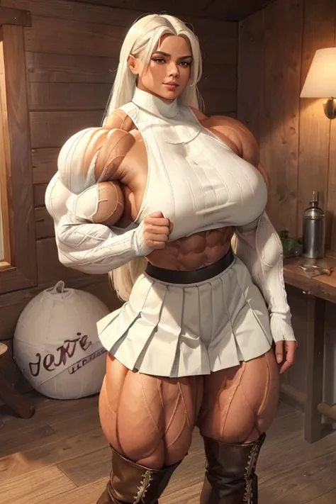 (((((Massive beautiful, buff, bulky, brown skinned muscular, woman with white hair, ginormous bulky muscles and wearing a beautiful long sleeve white turtleneck sweater with pleated skirt))))), (close view), vascular, massive muscle, massive biceps, hyper ...