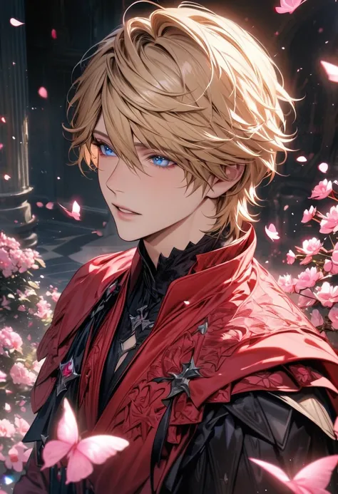 absurdres, highres, ultra detailed, HDR, master piece, best quality, Joshua Rosfield, blond hair, expressive blue eyes, Final Fantasy XVI, 1man, handsome, black and red clothes, pink petals, pink butterflies, pink flowers, pink butterflies, blossoms