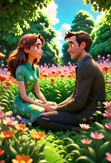 Man with a woman sitting facing each other in a flower field full of leafy trees, animation character, Stylized character, animation style rendering, stylized 3D, Arnold Maya rendering, stylized 3D rendering, rendering screenshot toon, 3D Character, 3D Cha...