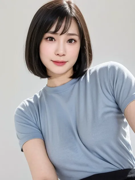 (kawaii 24 year-old Japanese girl, Nogizaka idol, Korean idol), (glossy black hair, messy very short hair, messy pixie cut, symmetric hair length, even length hair edges:1.3), (bangs), (extra rounded face, black eyes, single eyelid, no makeup, soft smiling...