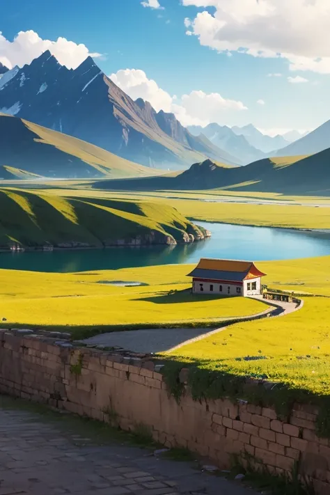 (melhor qualidade), 4K, Landscape Illustration, Qinghai, Templo de Thar, Flor de Canola Menyuan, Lago Qinghai, Montanha Kunlun, Amante de viagens