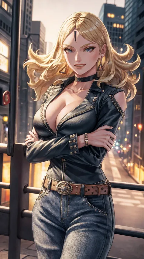 1girl,cowboy shot, beautiful Delta, earrings, blonde hair, looking at viewer, smile, shirt, pants, belt, dynamic pose,choker, black jacket, city, smile, outdoors, volumetric lighting, best quality, masterpiece, intricate details, tonemapping, sharp focus, ...