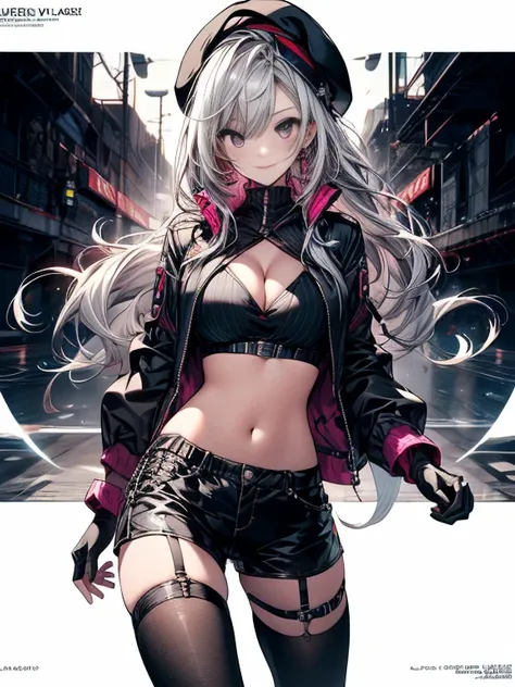 ubel,((ubel of Frieren: Beyond Journeys End )),dark green hair,long hair,side ponytail,hair between eyes,bangs, BREAK (beret, black jacket, open clothes, cleavage, midriff, black shorts, black thighhighs, thigh strap, fingerless gloves, single glove:1.2) ,...