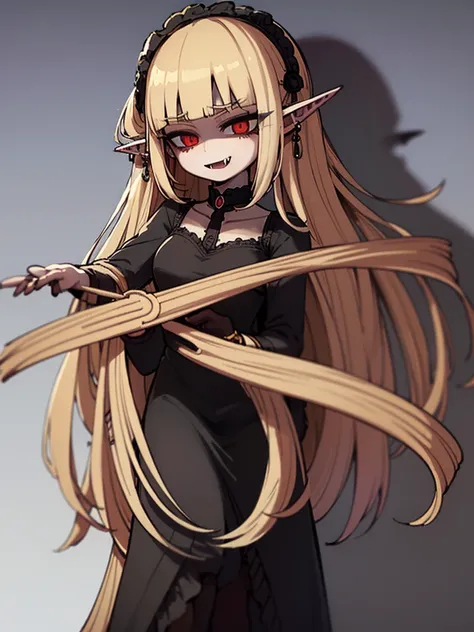 1girl, best quality, high quality, (masterpiece), perfect face, detailed face, pale skin, young, vampire, ((fangs)), fang, long hair, wavy hair, blonde hair, red eyes, pointy ears, black hairband, black dress, gothic dress, elegant dress, black mary janes,...