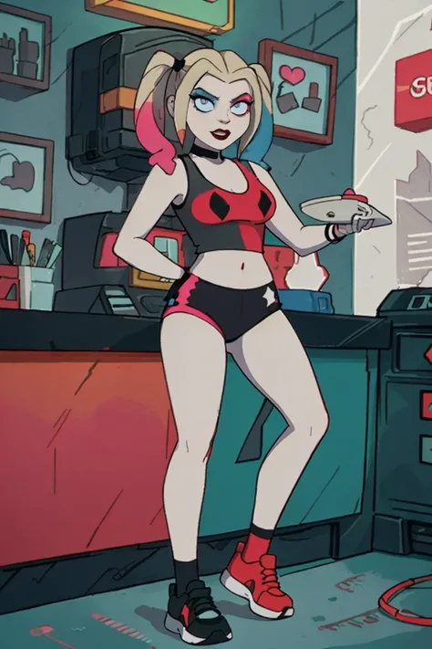 (Harley Quinn, harleyquinn:1.0), blonde pigtails with blue and pink ends, blue eyes, red lipstick, pink and blue eye shadow, heart on cheek, (half red and black crop top tank top, red and black underwear:1.2), sneakers with pom pom, black necklace, pale wh...