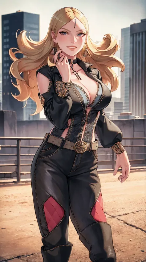 1girl,cowboy shot, beautiful Delta, earrings, blonde hair, looking at viewer, smile, shirt, pants, belt, dynamic pose,choker, black jacket, city, smile, outdoors, volumetric lighting, best quality, masterpiece, intricate details, tonemapping, sharp focus, ...